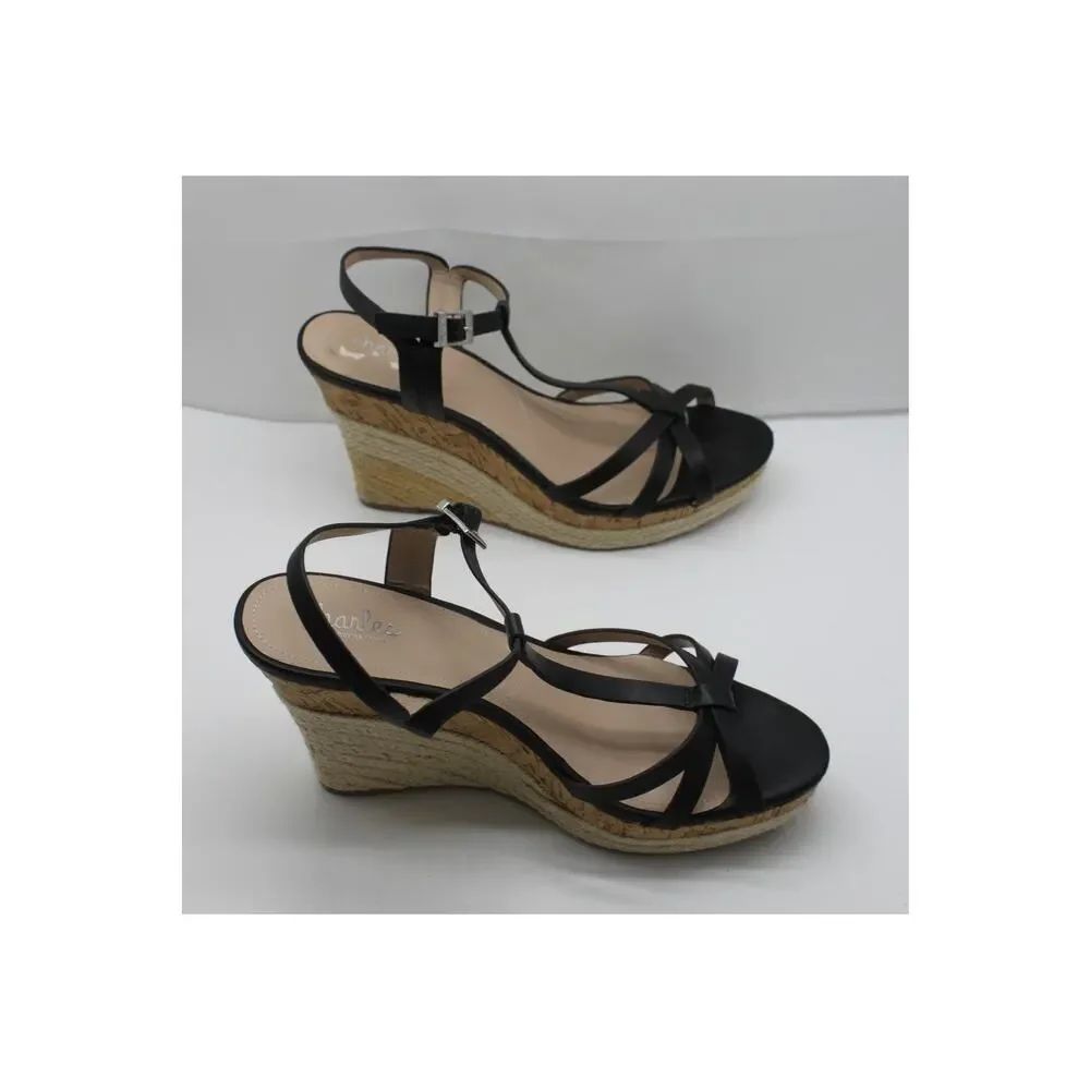 Charled David Black & Neutral Cork Textured Platform Wedge Heel Strappy Sandals